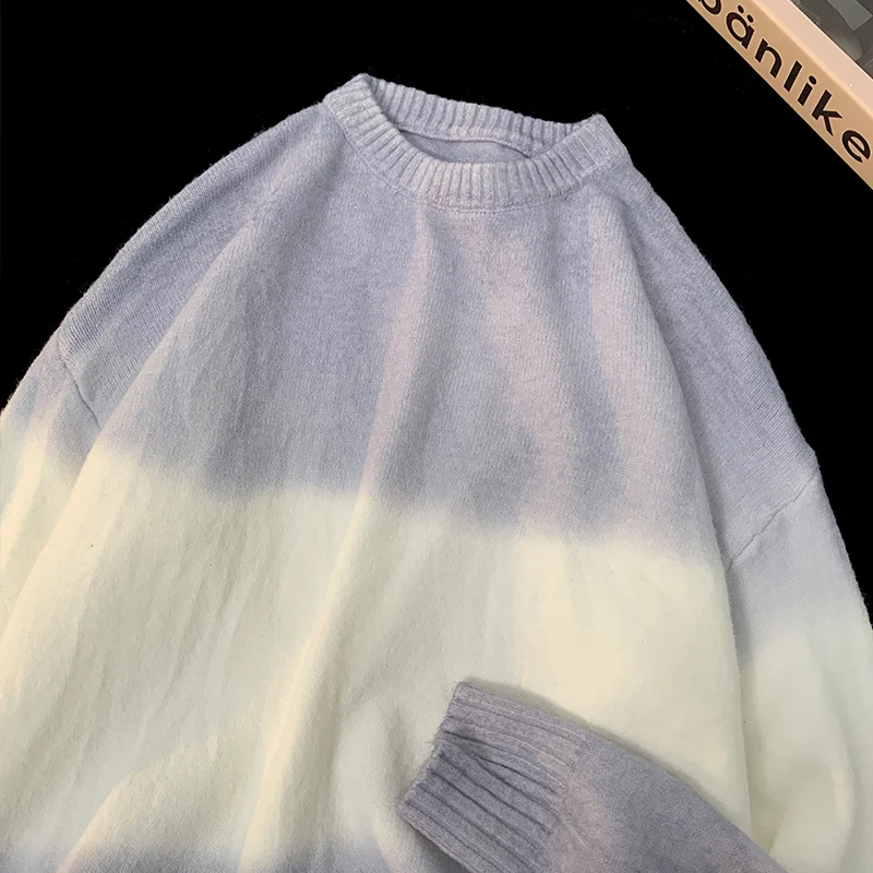 Sweater Male Pullover Contrast Color Splice Men Sweater Long Sleeves Slim Fit Youth College Style Crew-neck Tops Harajuku Purple