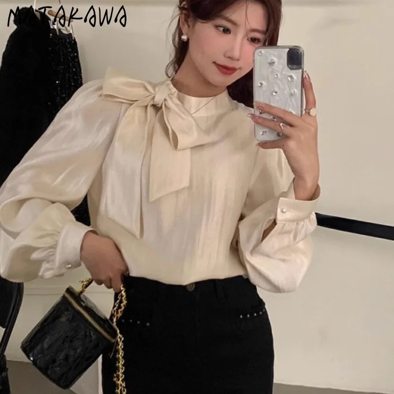 Винтажные женские рубашки Matakawa с бантом однотонные весенние и осенние офисные