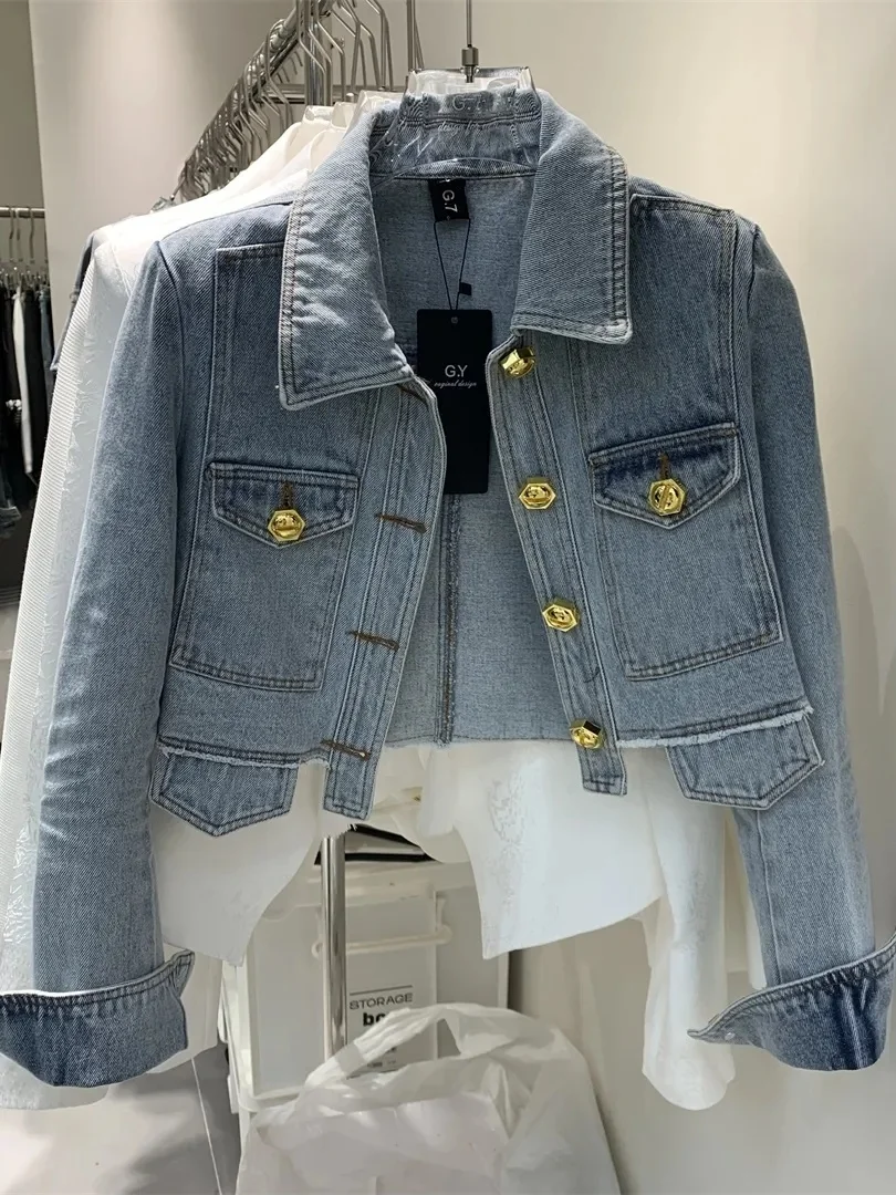 

Casual jacket,2023 new,Women Vintage Long Sleeve Gold Buttons Denim Jacket Female Casual Short Blue Irregular Jean Jackets Coat
