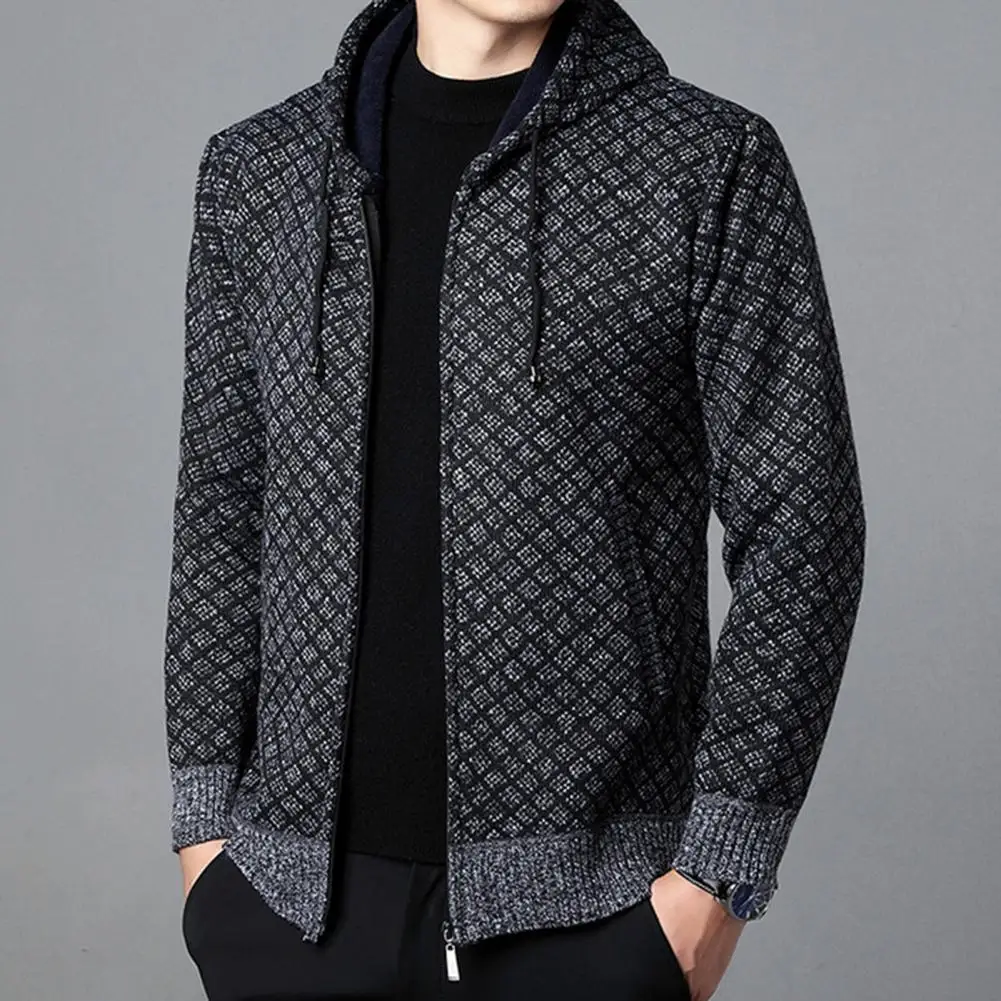 

Stylish Male Knitwear Fleece Lining Ribbed Trim 3D Cutting Knitted Coat Daily Clothing
