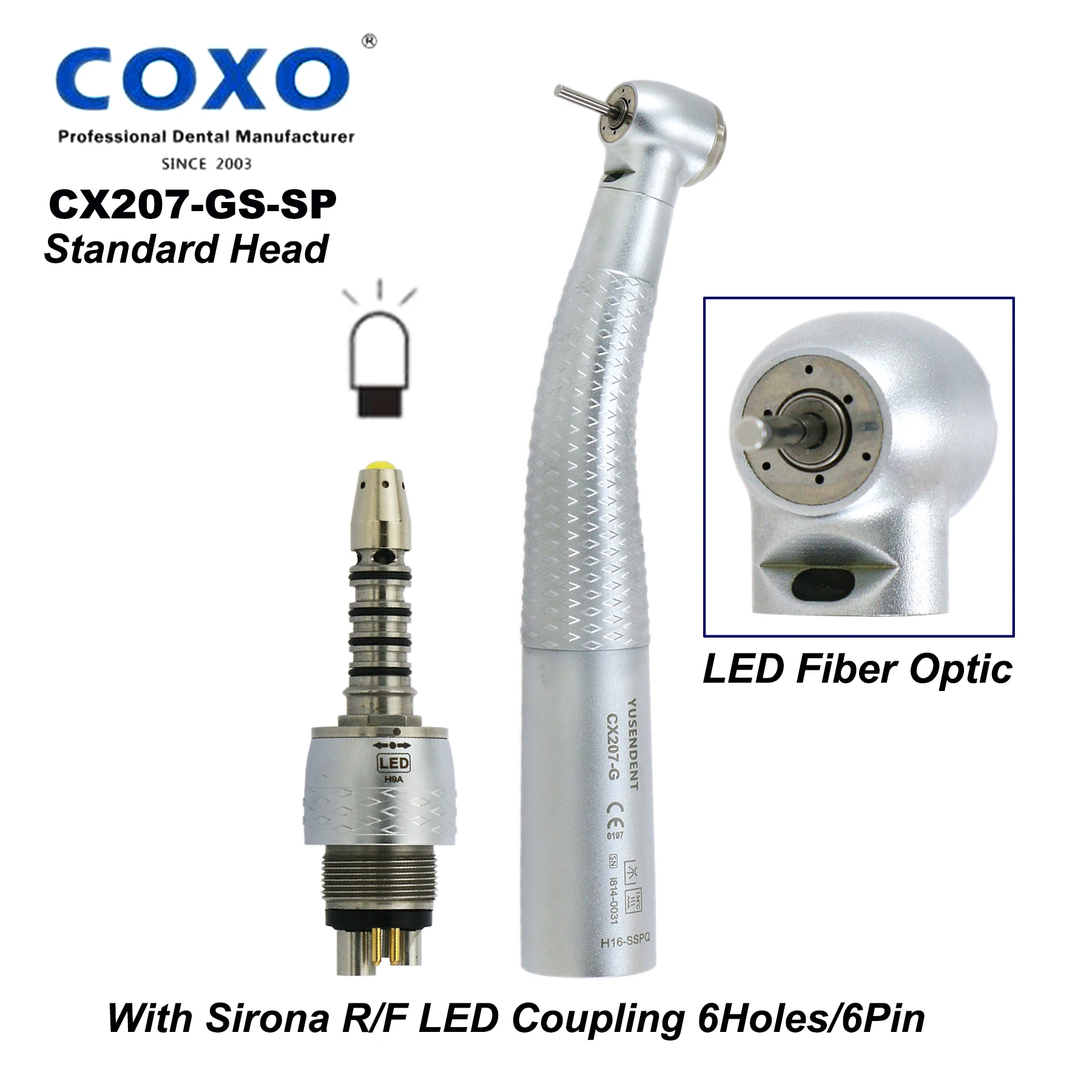 

COXO YUSENDENT Dental High Speed Fiber Optic Standard Head LED Handpiece Air Turbine With LED Sirona R/F Coupling 6Pin 6Holes
