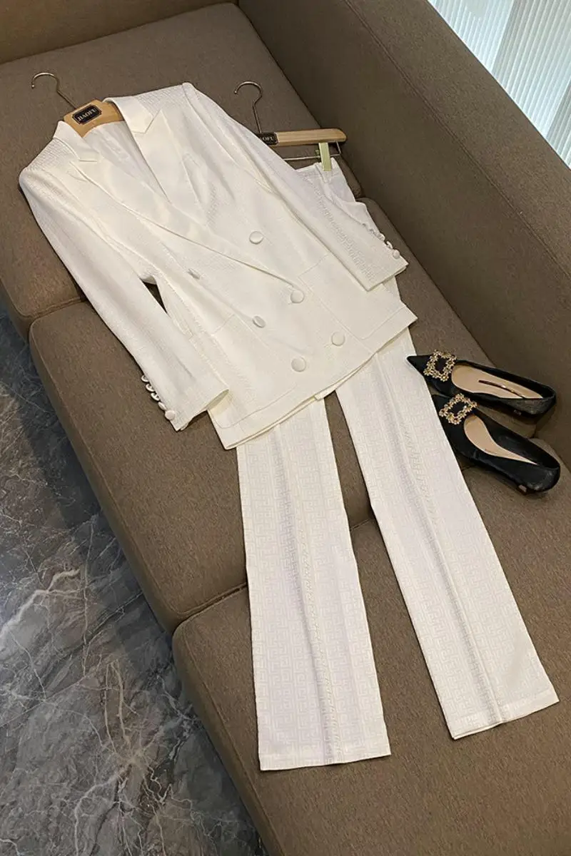 

High Quality Jacquard Office Lady Elegant Solid Designed Pattern Suit Long Sleeve Notched Double-breasted Blazer Flared Pants