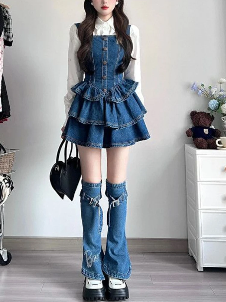 

QIWN Camisole Jean Dress 2023 Autumn New Vintage Mini Dress Evening Party Dress 3 Piece Dress Set Korean Fashion Women Clothing