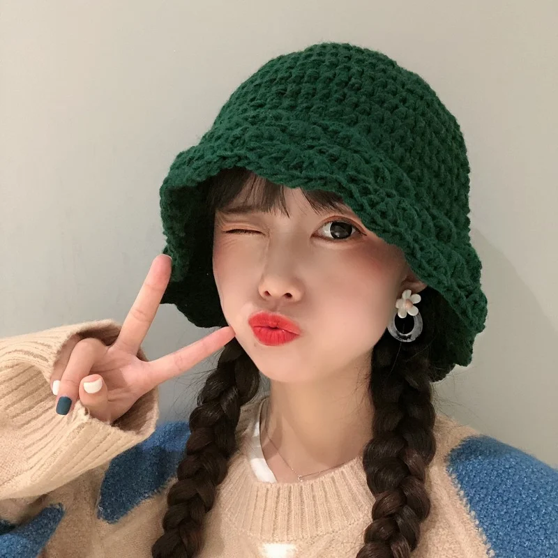 

Korean Ins Casual Soft Fisherman Hat Autumn and Winter Solid Color Pineapple Lace Knitted Handmade Woolen Basin Hat Women's Hat