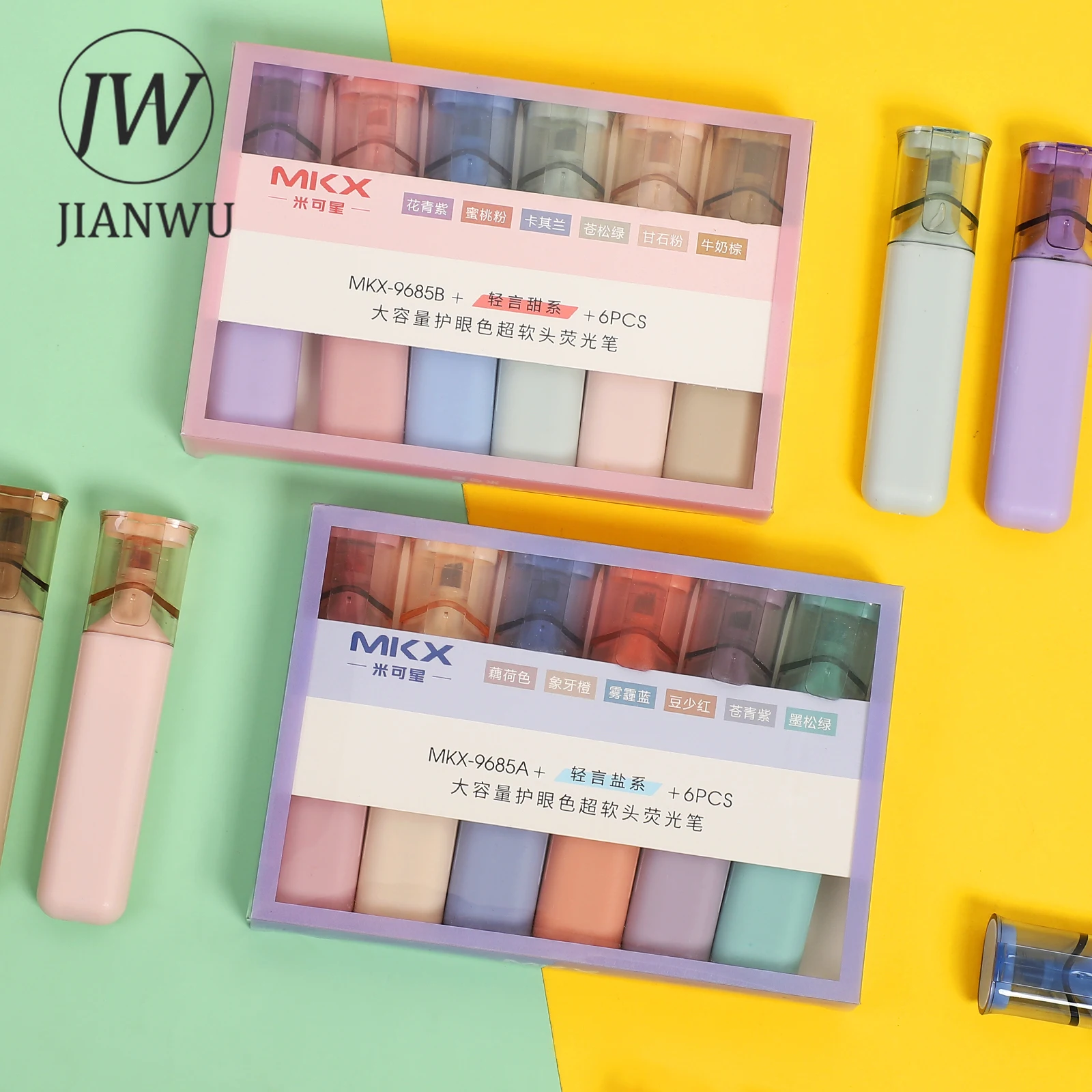 

JIANWU 6 Pcs/Set Morandi Soft Tip Highlighter Large Capacity Simple Marker Scrapbooking Diary Fluorescent Pen Kawaii Stationery