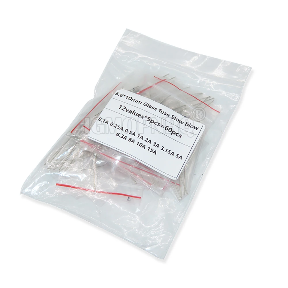 

12 Values*5pcs 3.6*10mm 250V Glass Fuse kit Slow Blow 3.6x10 T0.1A-15A 60PCS/Set