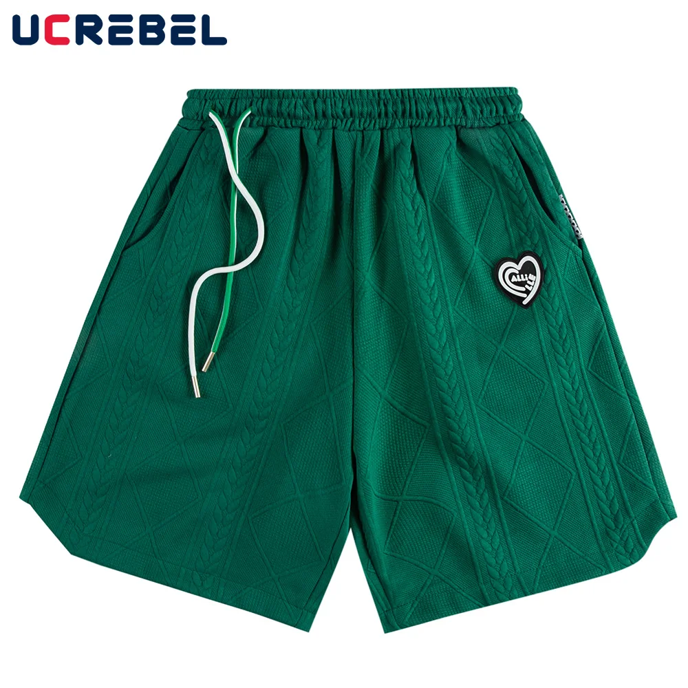 

Heart Pattern Knit Shorts Mens Summer Simple Drawstring Elastic Waist Loose Shorts Streetwear Knee-length Shorts Men