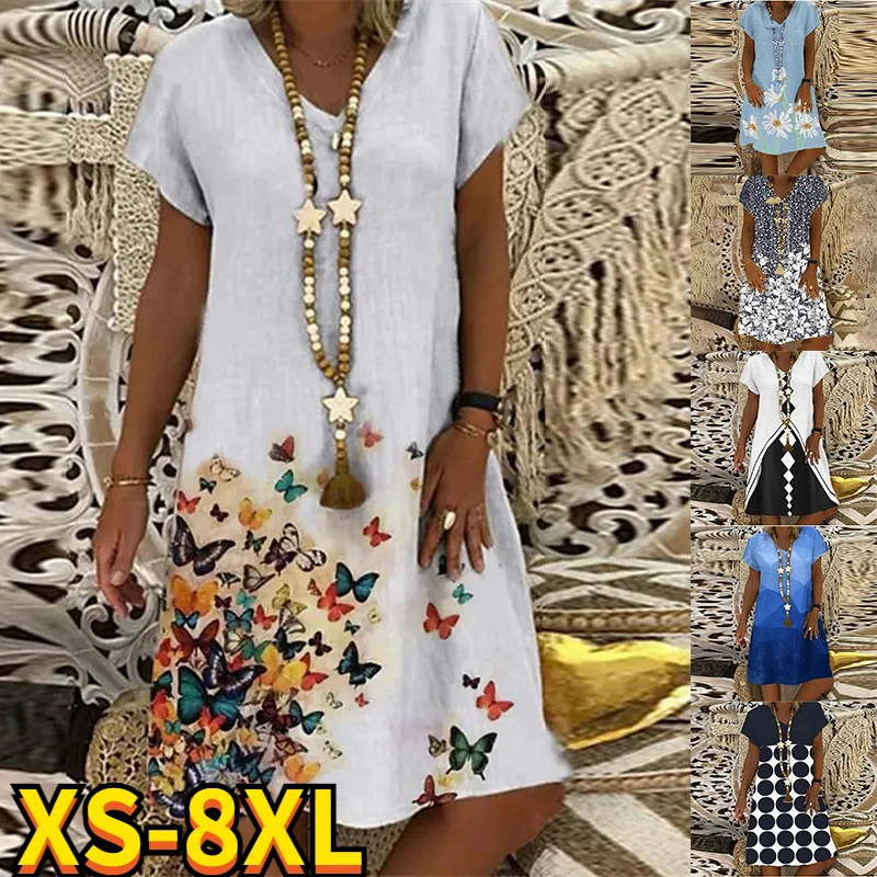 

2022 Summer Elegant Women's Abstract Printed Painting Dress V Neck Female Short Sleeves Knee Length New Design Dress Plus Size