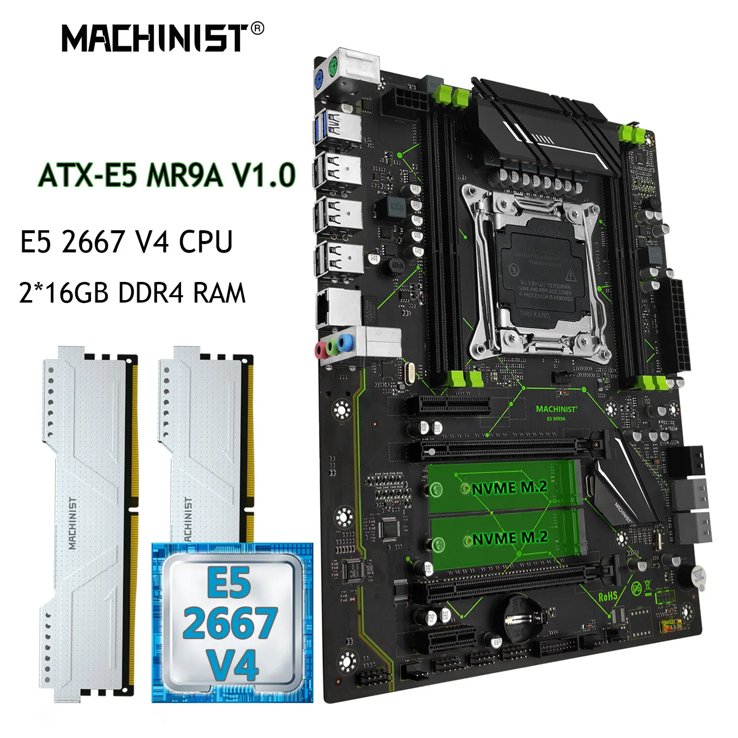 

MACHINIST Motherboard Combo E5 2667 V4 CPU Kit Xeon LGA 2011-3 Processor DDR4 RAM 32GB=2*16G Memory NVME M.2 USB3.0 Four Channel