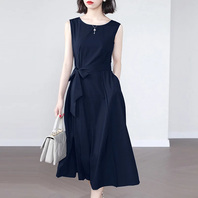 

Summer New Solid Color Temperament Slim Waistband Decoration Versatile Round Neck Sleeveless Women's Dress
