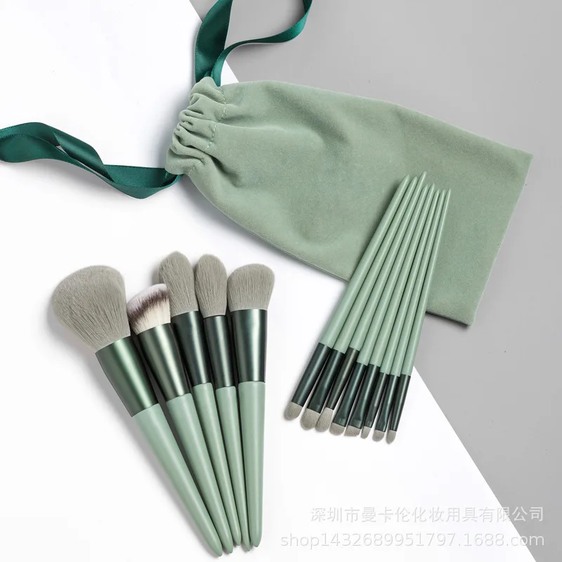 

Four Seasons Green Makeup Brush Set Fiber Super Soft Brush Long Rod 13 Pcs. Makeup Brush Powder Blusher Brush Eye Shadow Brush