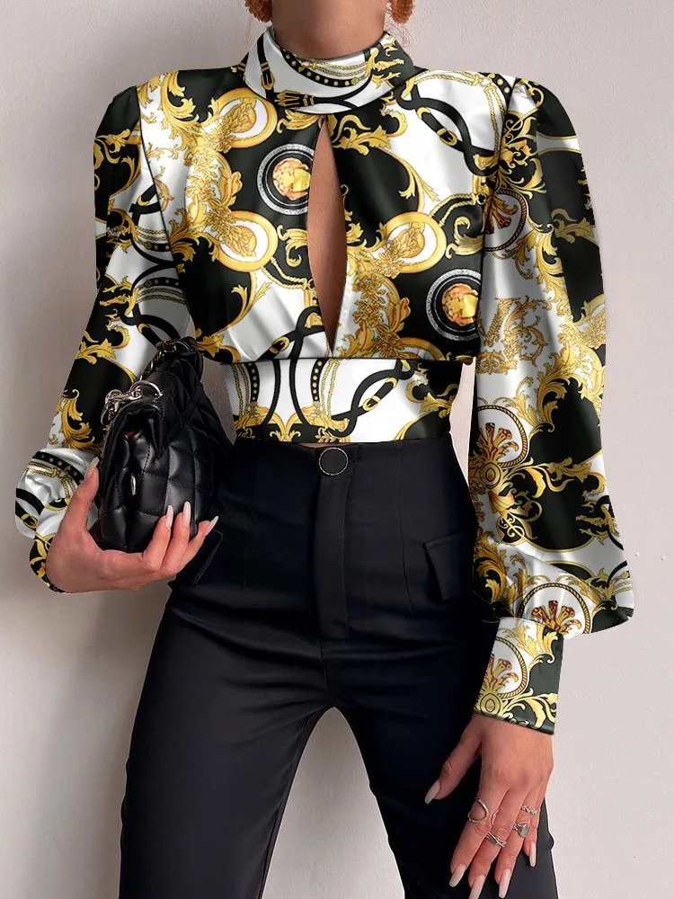 

Women Elegant Long Sleeve Turtleneck Blouse Sexy Tie-Up Backless Hollow Out Crop Tops Spring Casual Retro Print Lady Shirt Blusa