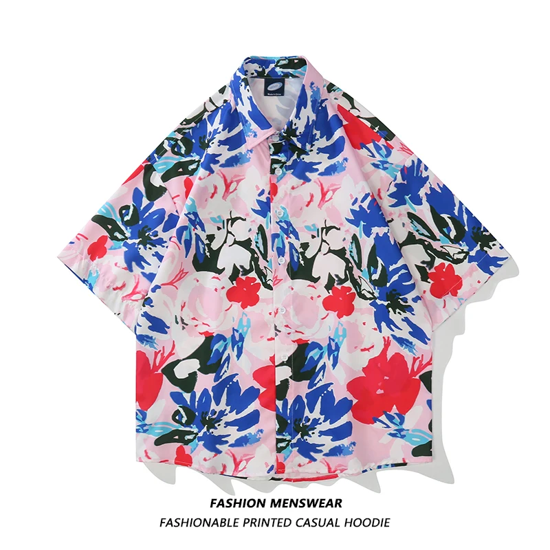 

Oversize American 2022 Summer Flower Print New Personality Men Women Couples Casual Shirt