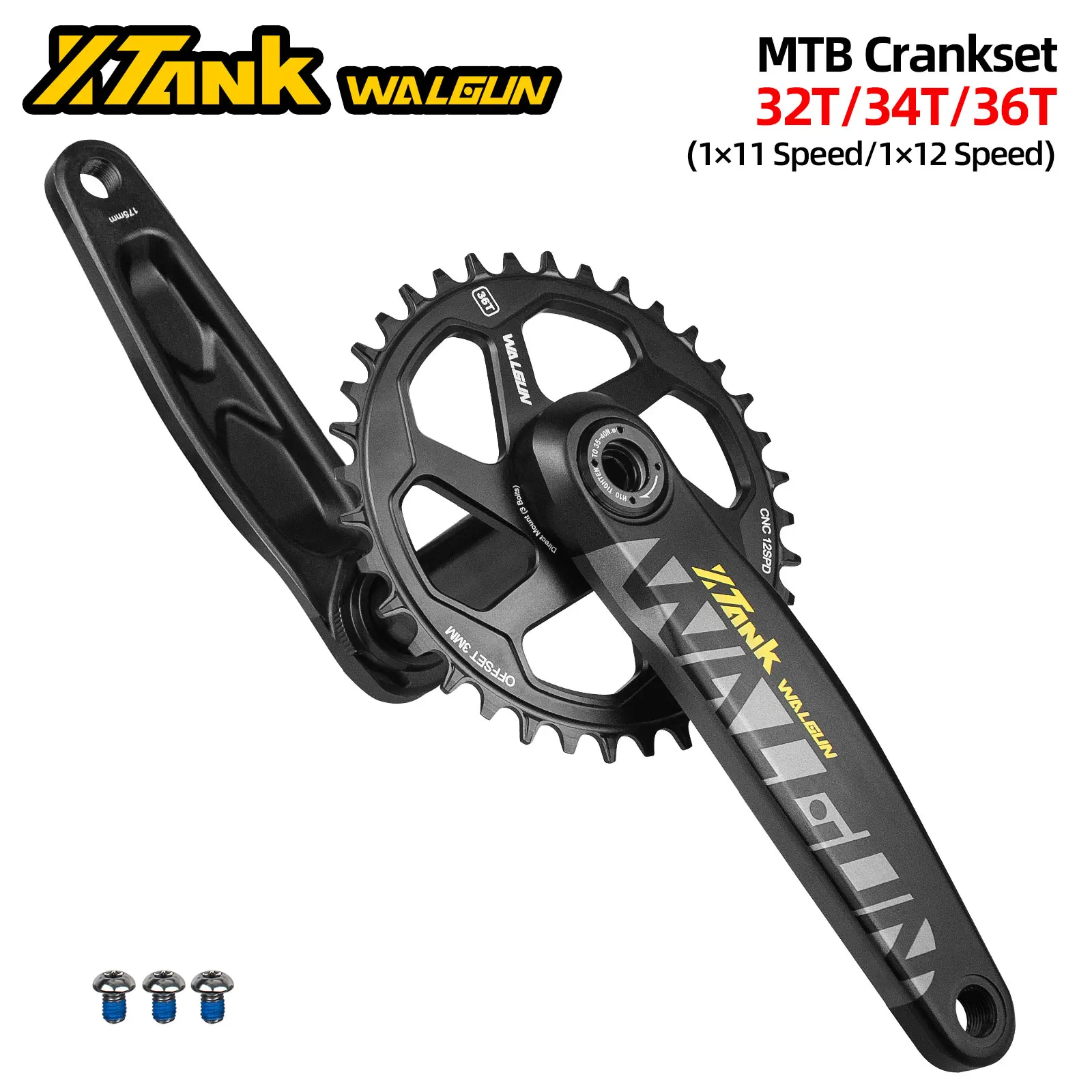 Walgun MTB Bike Crankset,32/34/36T Offset 3mm Chainring,170/175mm Crankarm,BSA PF30 PF41 BB,11/12 Speed Bicycle Direct Crank