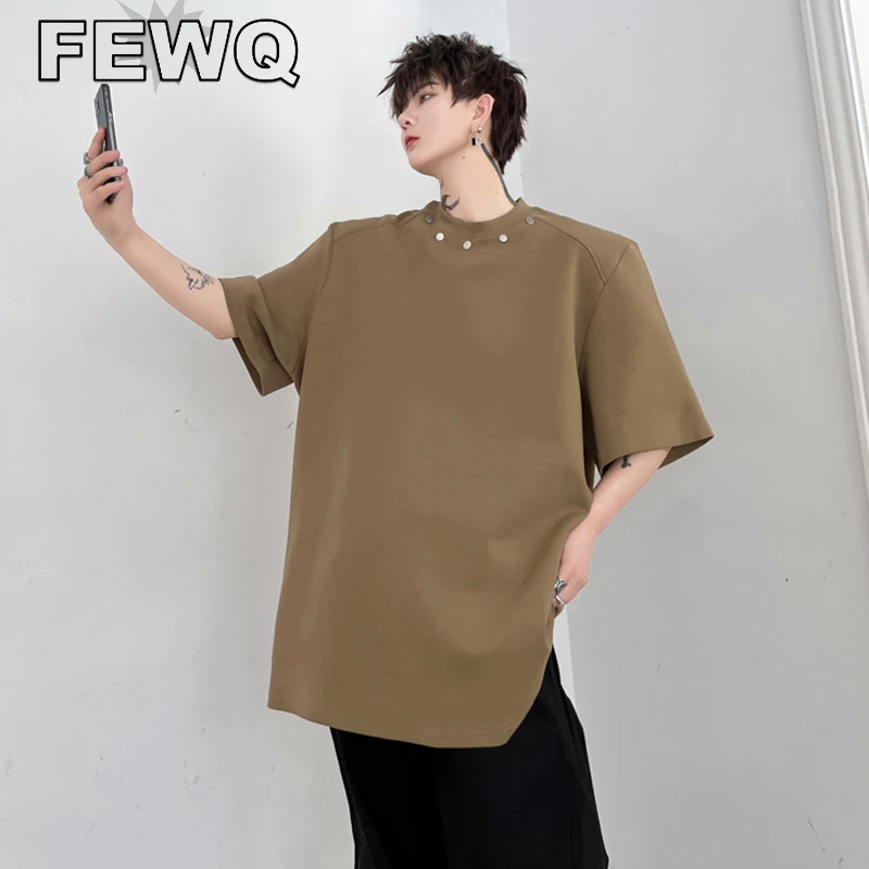 

Мужская футболка с заклепками FEWQ, Однотонная футболка с коротким рукавом, дизайнерская нишевая футболка в стиле Хай-стрит, наплечная накладка, топы 2023, 9A8888