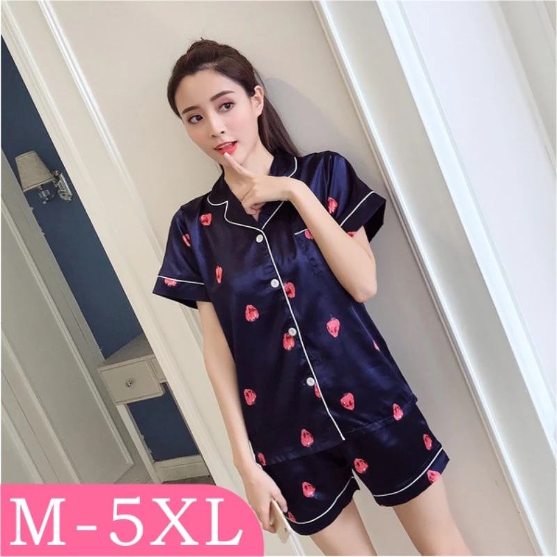 Stain Short Sleeve Cardigan Pajamas Set Summer 2022 Fashion Strawberry Printing Casual Loose Silk Pajamas for Women Home Suit