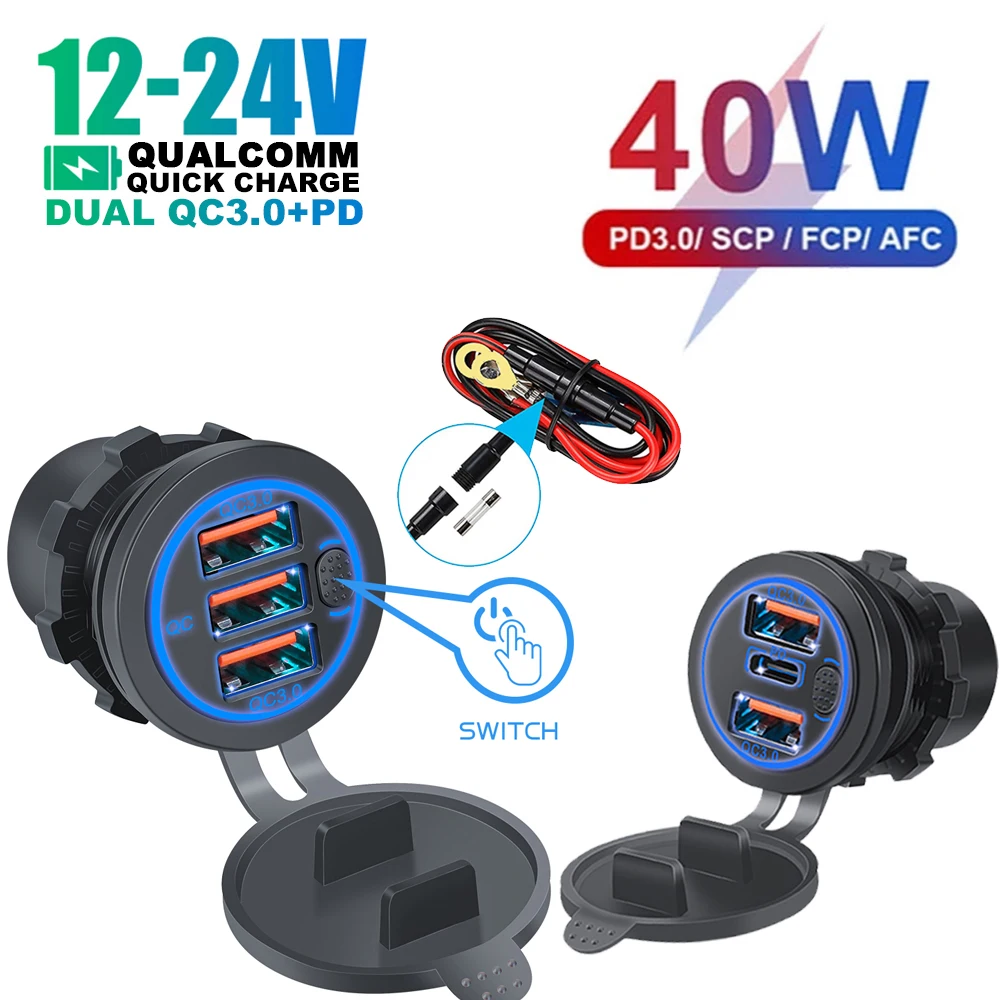 

PD 68W Triple USB Outlet Car Charger Socket USB Outlet Cigarette Lighter with Power Switch for Car Boat Marine RV 12-24V