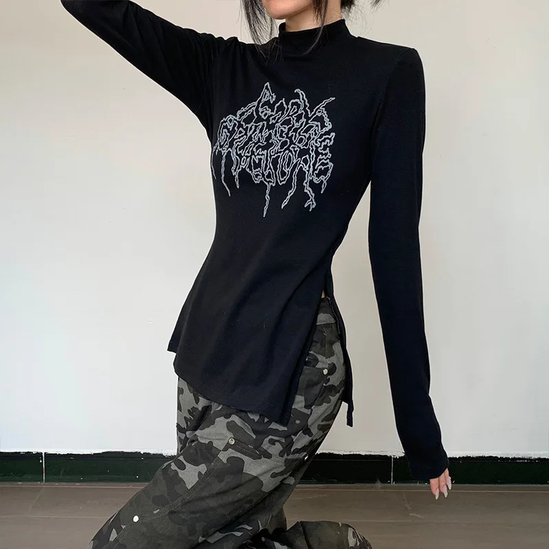 

Spring Abstract Print Mock Neck Women T-shirt Long Sleeve Slim Waist Streetwear Vintage Chic Top Elegant Temperament Ropa Mujer