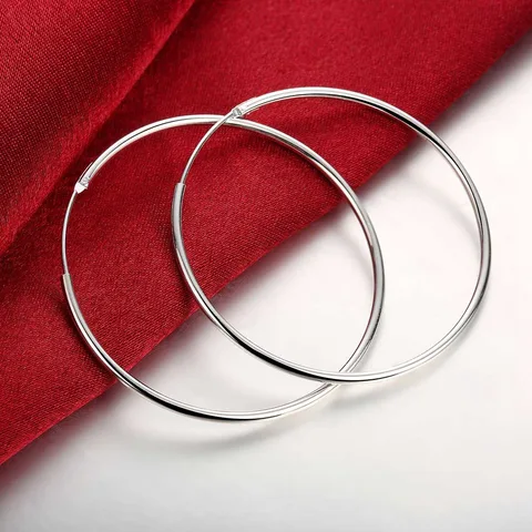 Тонкие Круглые Серьги серебряного цвета диаметром 5 см/6 см и гладкой поверхностью, Серебристые серьги-кольца для женщин, ювелирные изделия