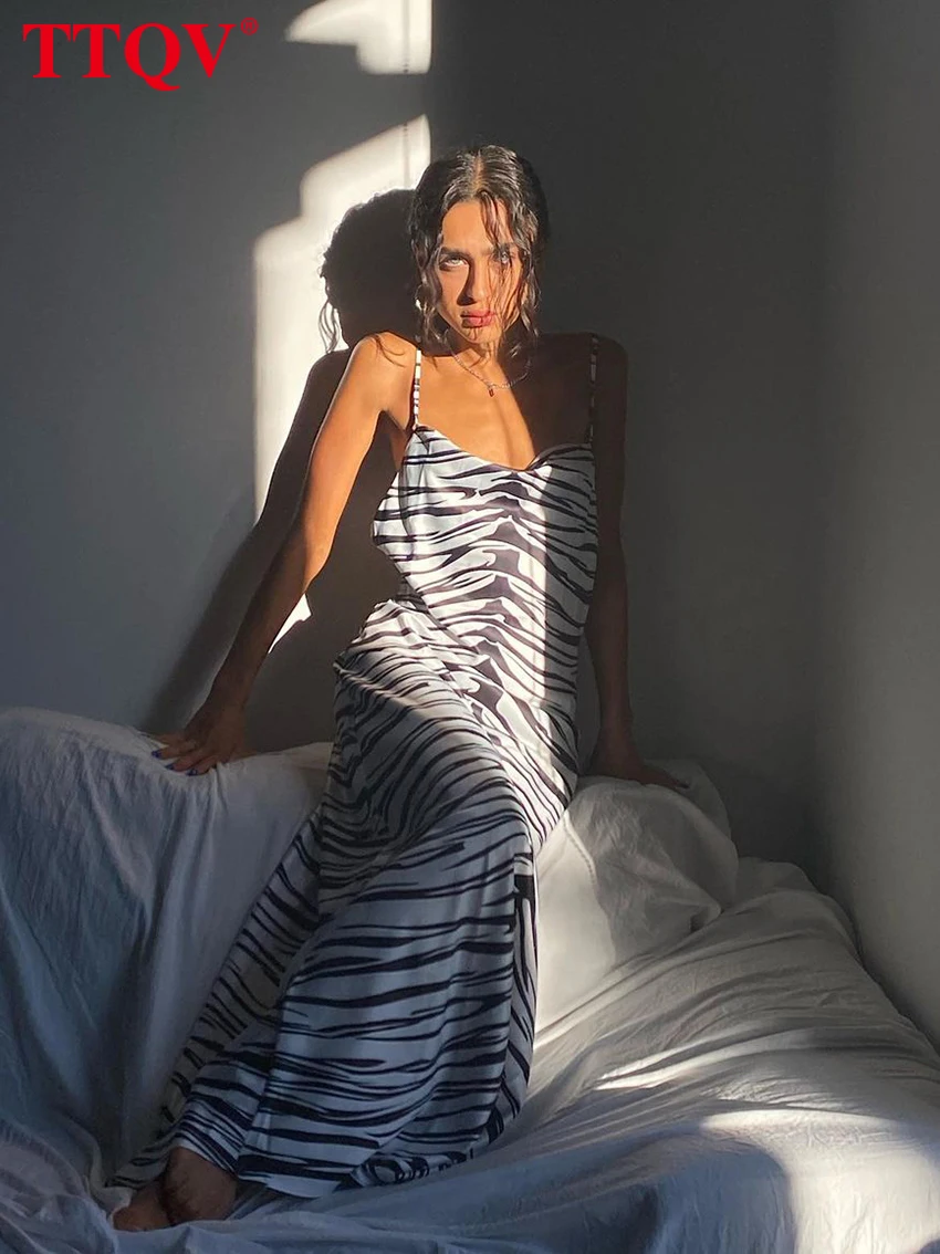 

TTQV Sexy Spaghetti Strap Stripe Print Women Dress 2022 Summer Sleeveless Backless Midi Dress Lady Bodycon Party Club Dresses