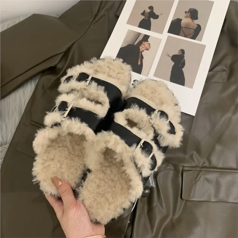 Mr Co Autumn Winter Womens Lambswool Slippers Double Belt Platform Flat Heels Buckle Shoes Soft Plush Outerwear House Slides
