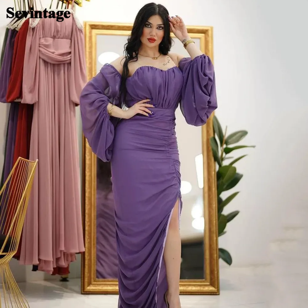 

Sevintage Purple Mermaid Saudi Arabia Prom Dresses Puff Sleeves African Evening Party Dress Pleats Slit Side Wedding Gowns 2022