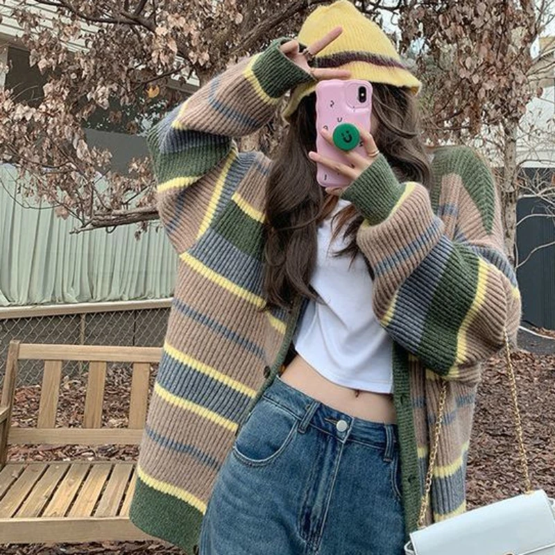 Розовый кардиган женские свитера полосатый зимний топ с v-образным вырезом и