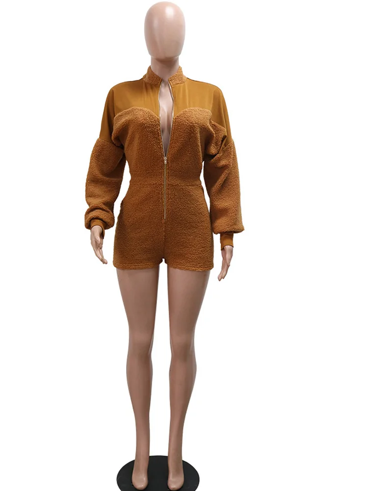 Beyprern повседневные женские пушистые короткие комбинезоны на молнии теплые с
