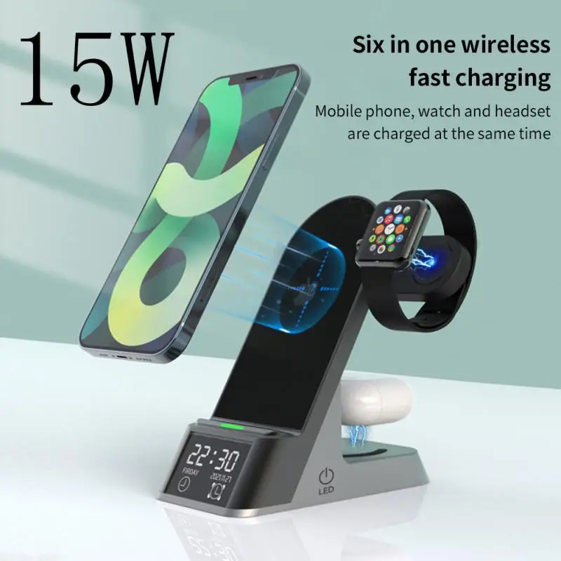 

Беспроводное зарядное устройство 6 в 1, 15 Вт, подставка для Apple Watch AirPods 3, многофункциональная док-станция с будильником, быстрая зарядка для ...