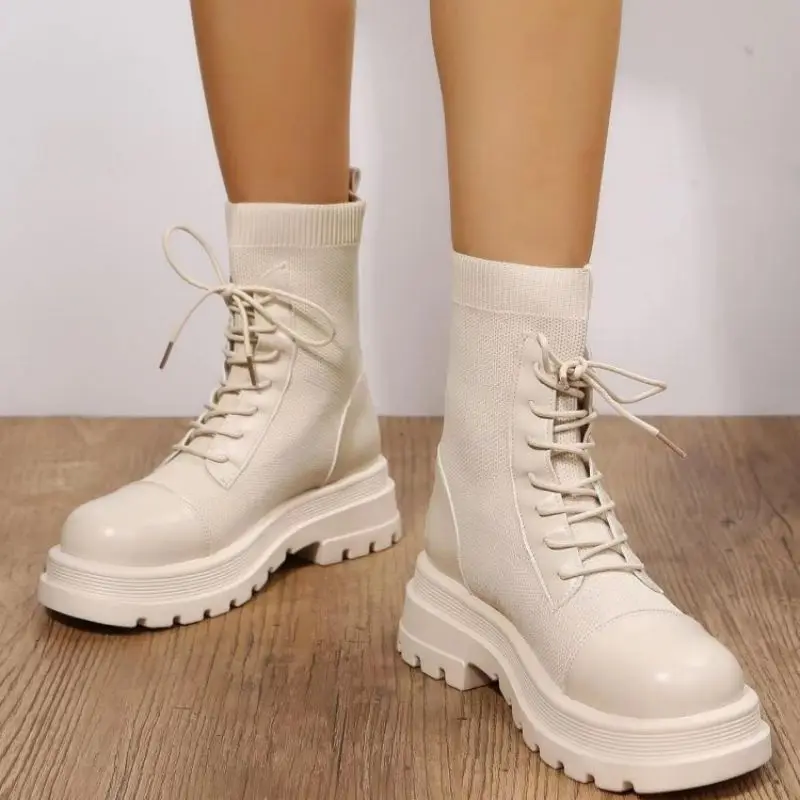 

Beige Knitting Platform Ankle Boots for Women Autumn Winter Thick Sole Motorcycle Boots Woman Fashion Chunky Heel Botas Mujer