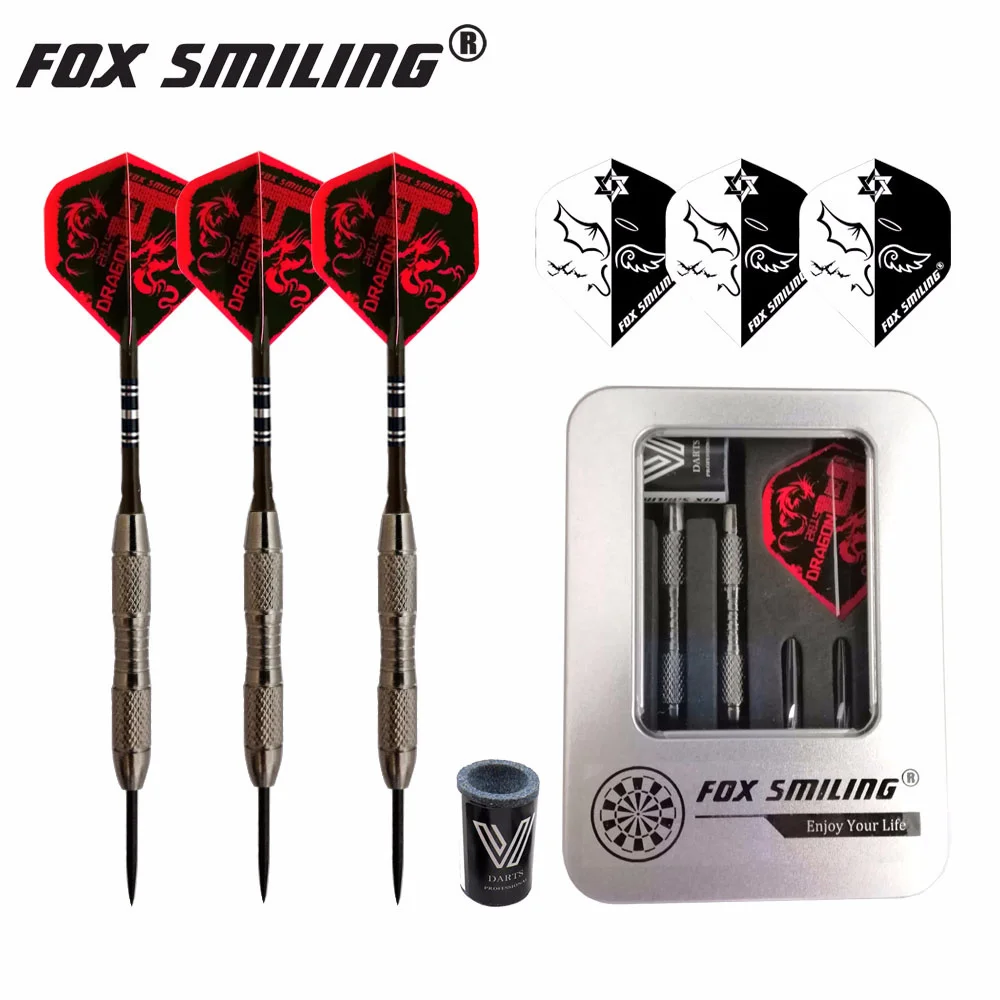 

3pcs 20g Steel Tip Darts With Iron Case Box Package (Gift: 3PCS Flights + 1PCS Sharpener Stone) Fox Smiling