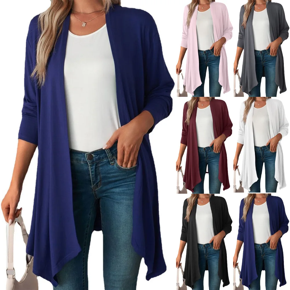 

2023 European and American women's spring and autumn new solid color long-sleeved cardigan coat long top female