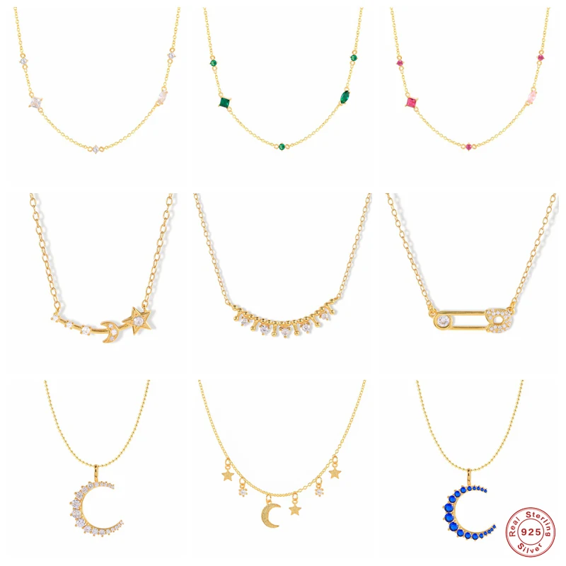 

Aide 925 Sterling Silver Unique Safety Pin Brooch Charm Necklace For Women Colored Zircon Moon Star Pendant Choker Party Jewelry