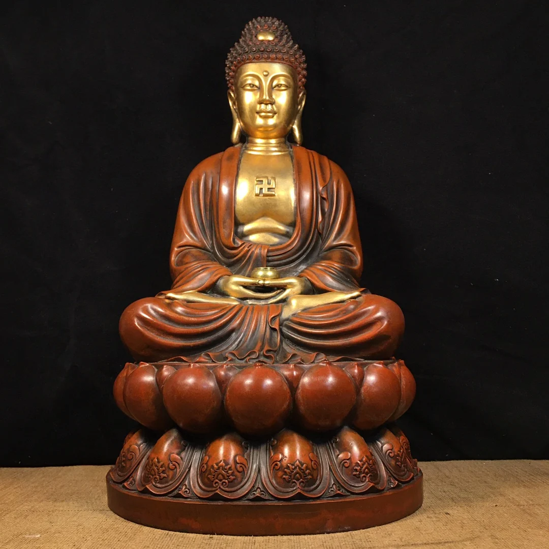 

16" Tibetan Temple Collection Old Bronze Gilt real gold Amitabha Shakyamuni Buddha lotus platform worship hall Town house