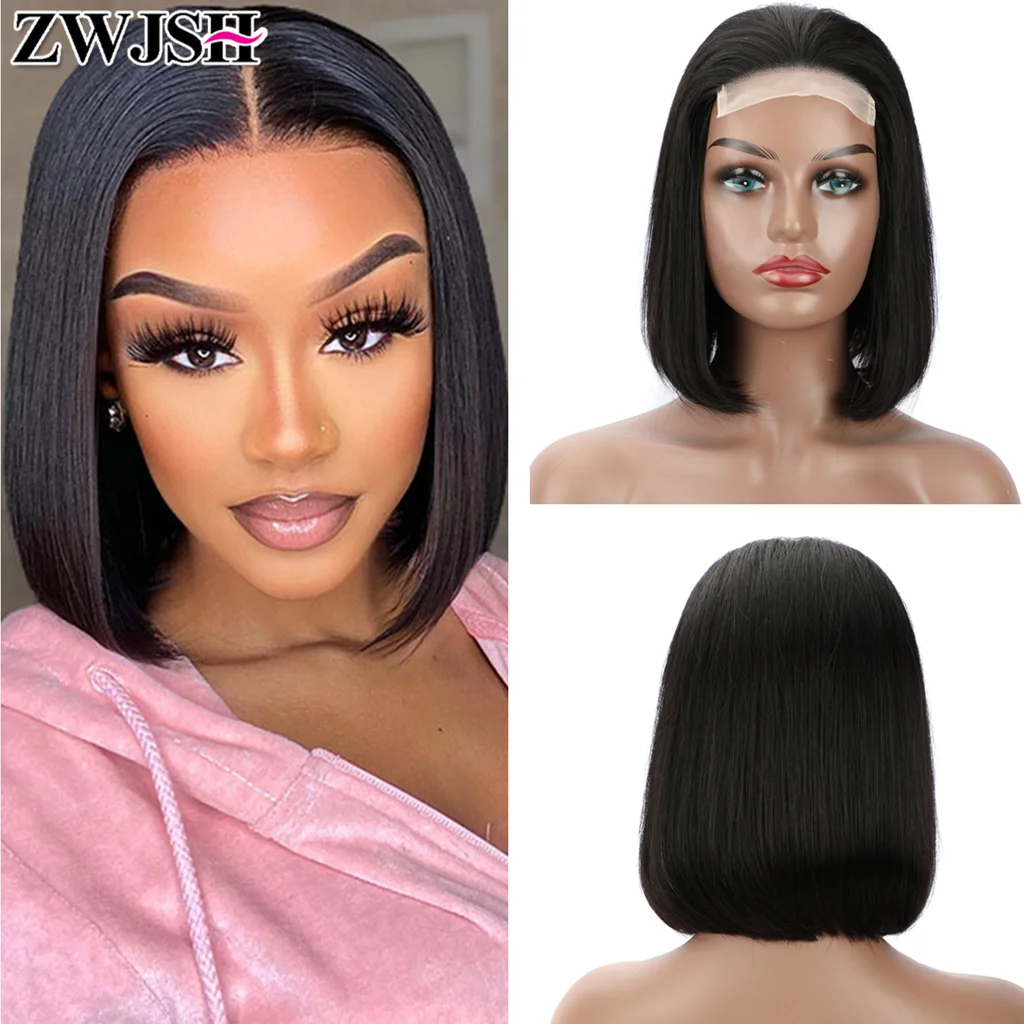 13x4 Lace Frontal Front Bob Wigs for Women Remy Human Hair Natural Black 4x4 Closure Short Straight ZWJSH