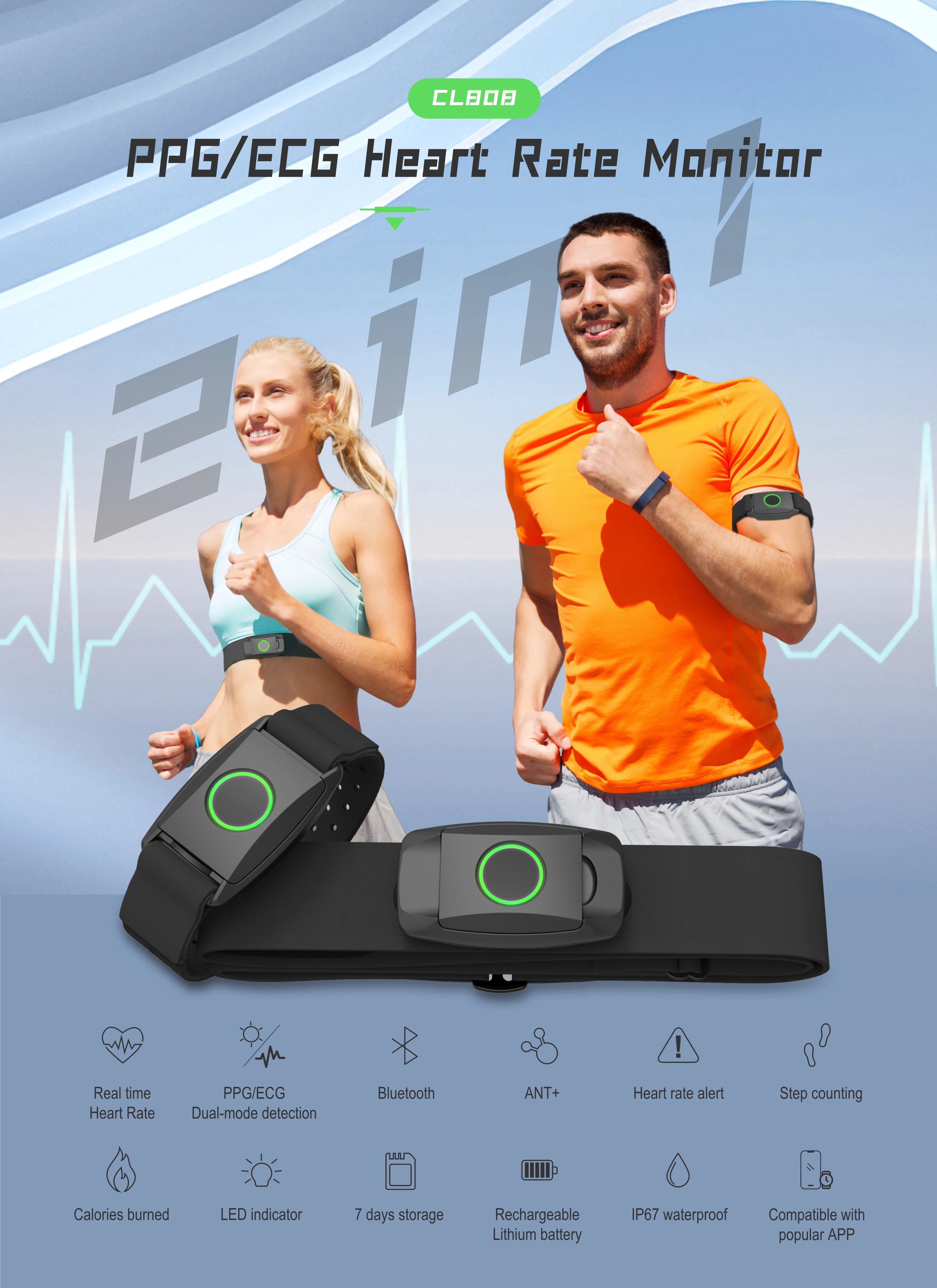 Фото Пульсометр Chileaf CL808 с нагрудным и наручным ремнем, фитнес-трекер CL808 с датчиками ЭКГ/PPG, ANT+, водонепроницаемый IP67, унисекс №2