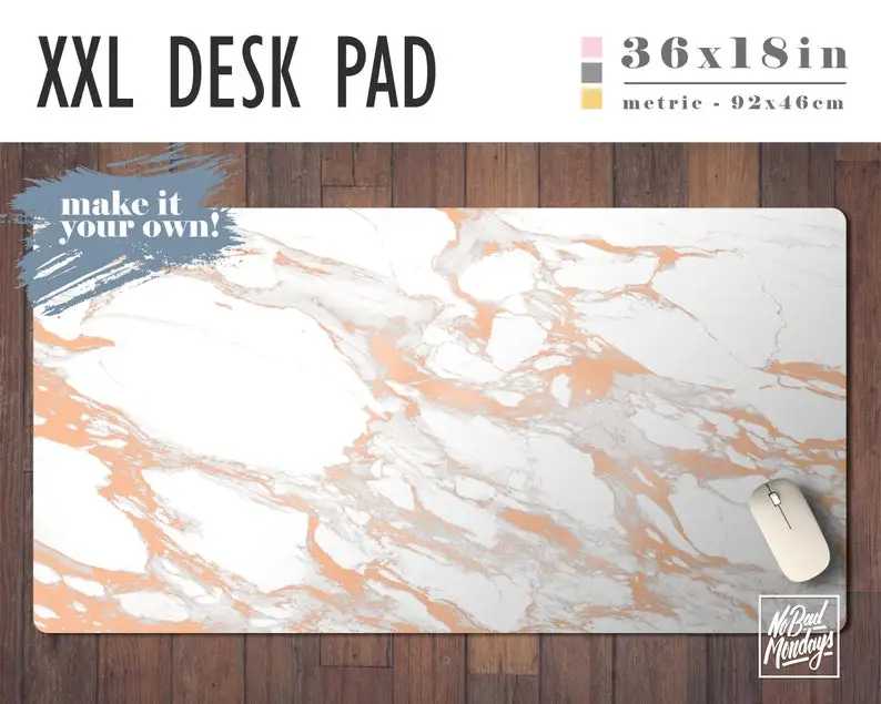 

Rose Gold and White Marble Print Extra Large Desk Pad with Available Custom Monogram - Extended Mouse Mat - 36x18in