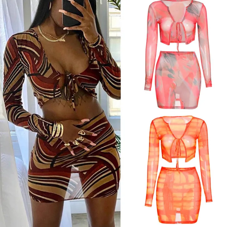 

Autumn Women's Printed Mesh T-shirt High Fanny Pack Skirt Casual Suit