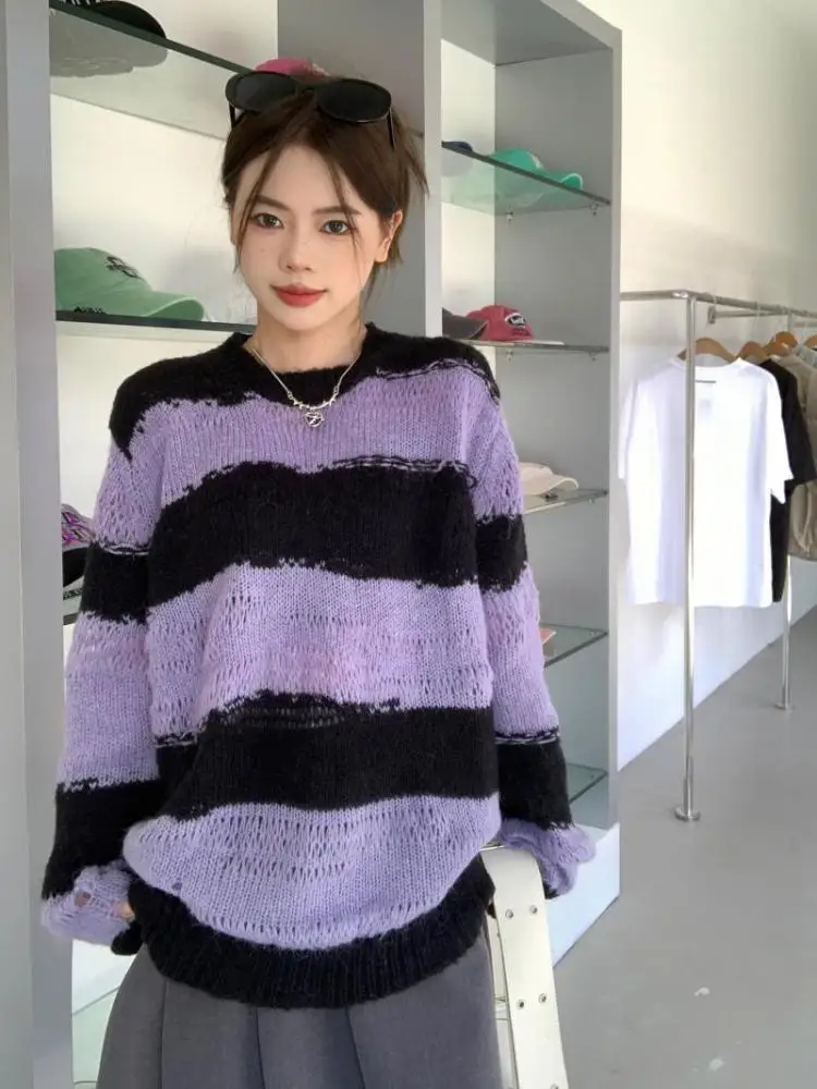 

Женский свободный трикотажный пуловер в полоску, с круглым вырезом