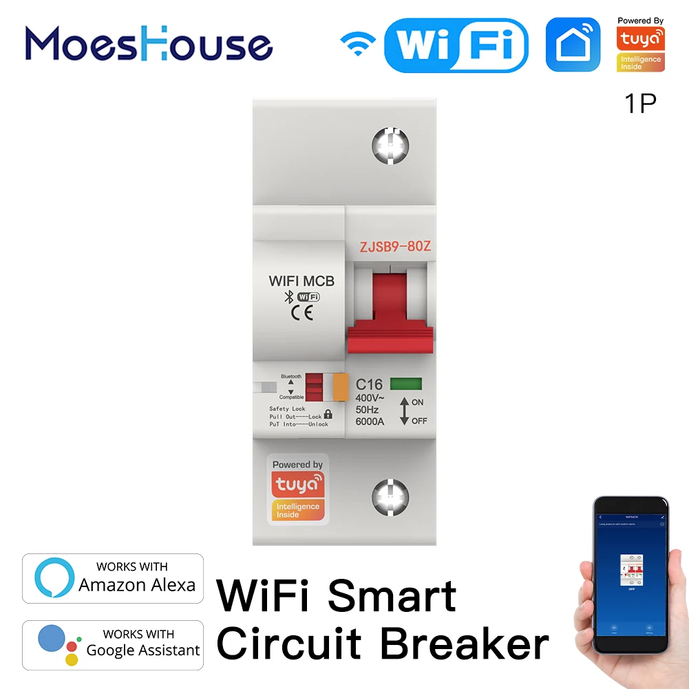 

Smart WiFi Circuit Breaker IoT Air Switch Overload Short Circuit Surge Protection Smart Life/Tuya APP Voice Control Alexa Google