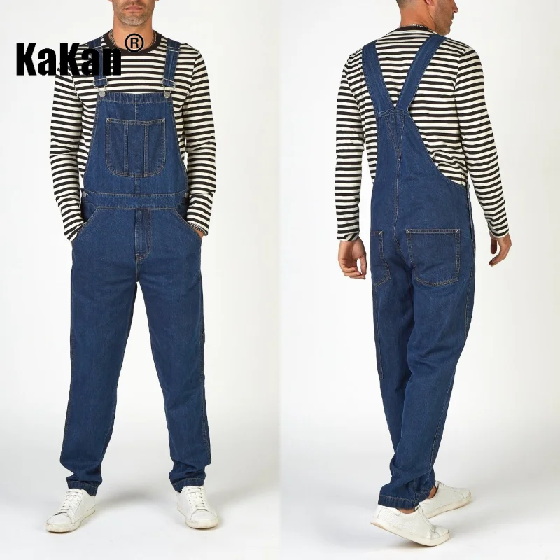 Kakan - New Street Trendy Men's Strap Jeans From Europe and America, Dark Blue One Piece Strap Jeans K34-777