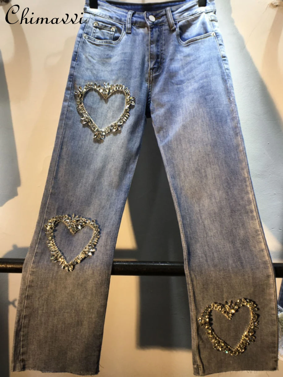 

European Station Autumn Clothes New Exquisite Rhinestone Beaded Love High Waist Jeans Fashion Slim-fit Stretch Cropped Pants