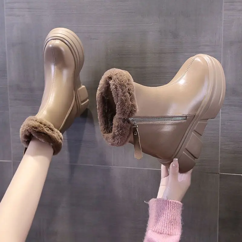 

Новинка, женские ботильоны, зимние теплые меховые кроссовки, женские плюшевые зимние ботинки на платформе, удобная повседневная хлопковая ...