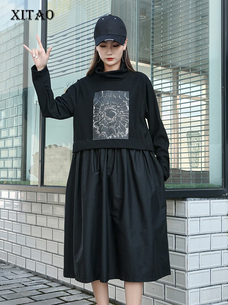 

XITAO Fashion Turtleneck Dress Casual Print Contrast Color Patchwork Women Long Sleeve Autumn New Pullover Folds Hem WLD9196