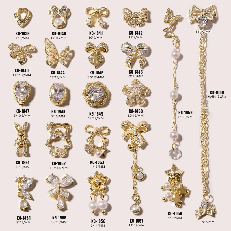 

3pcs/lot Nail Zircon Decoration Bear Butterfly Rabbit Pearls Bow Chains Pendant Gold Alloy For Nail Manicure Beauty