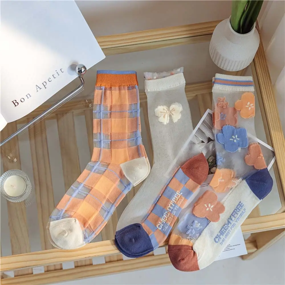 

Summer Thin Glass Silk Cotton Socks Women's Flower Bow Lattice Transparent Medium Tube Socks Harajuku Casual Street Socks