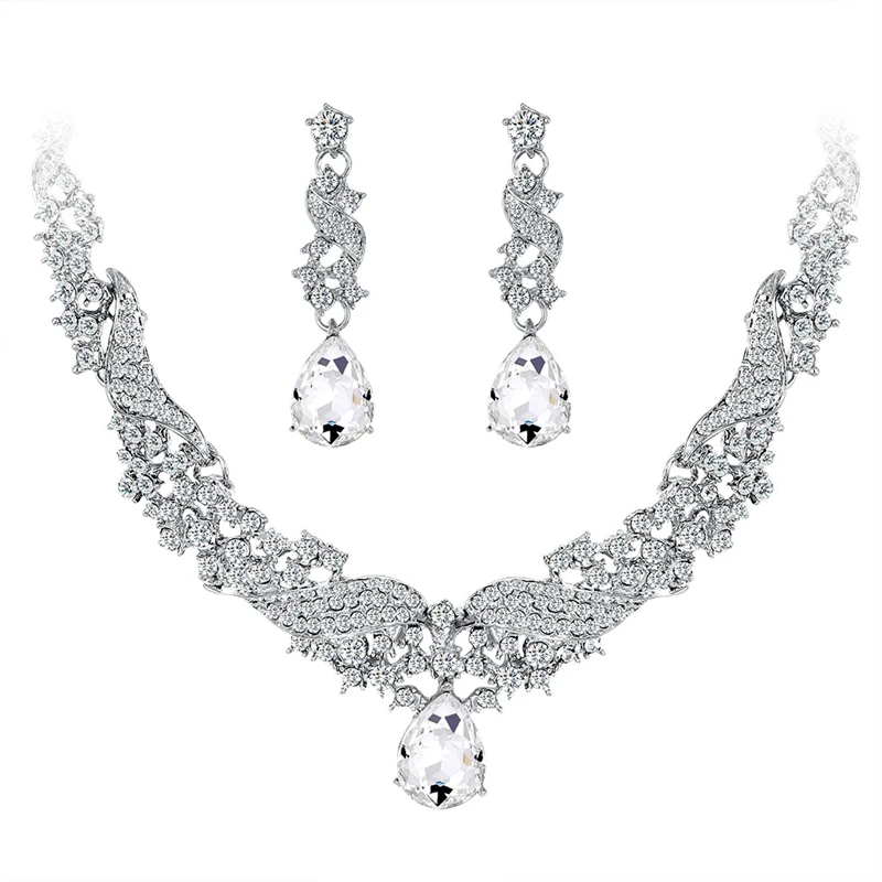 

Wedding Jewelry Sets for Charming Women Accessories Rhinestone Glass Crystal Necklace Earrings Sets
