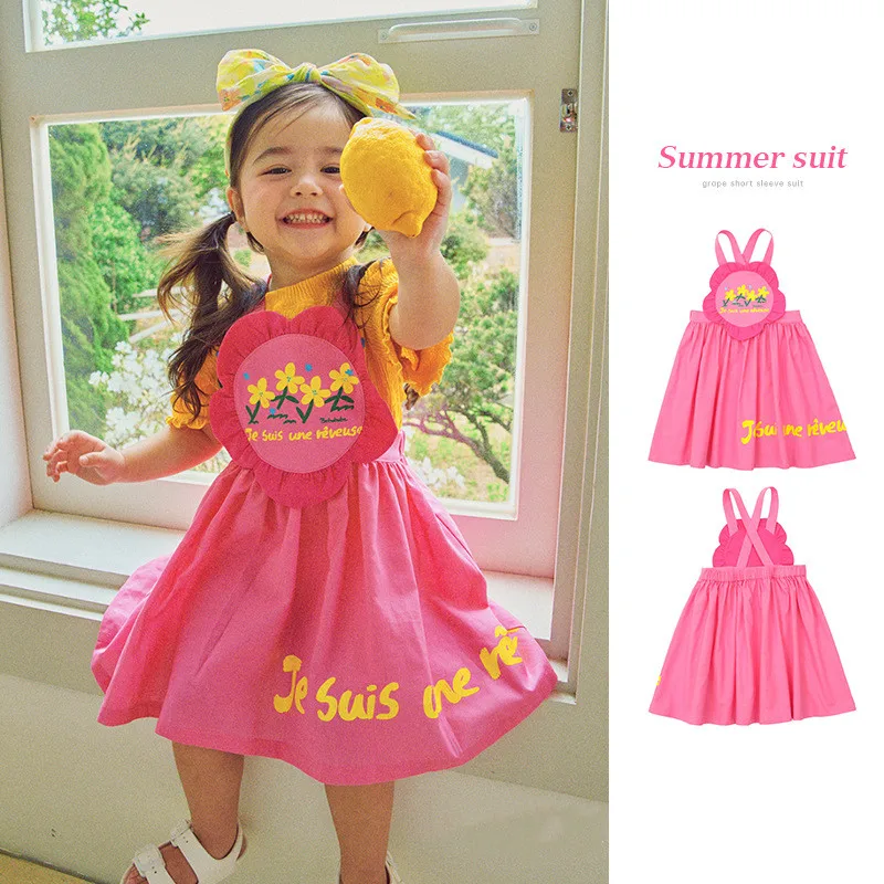 

Летнее платье на бретелях для девочек, розовая Милая юбка с оборками и мультяшным принтом, модная детская одежда в Корейском стиле, новинка ...