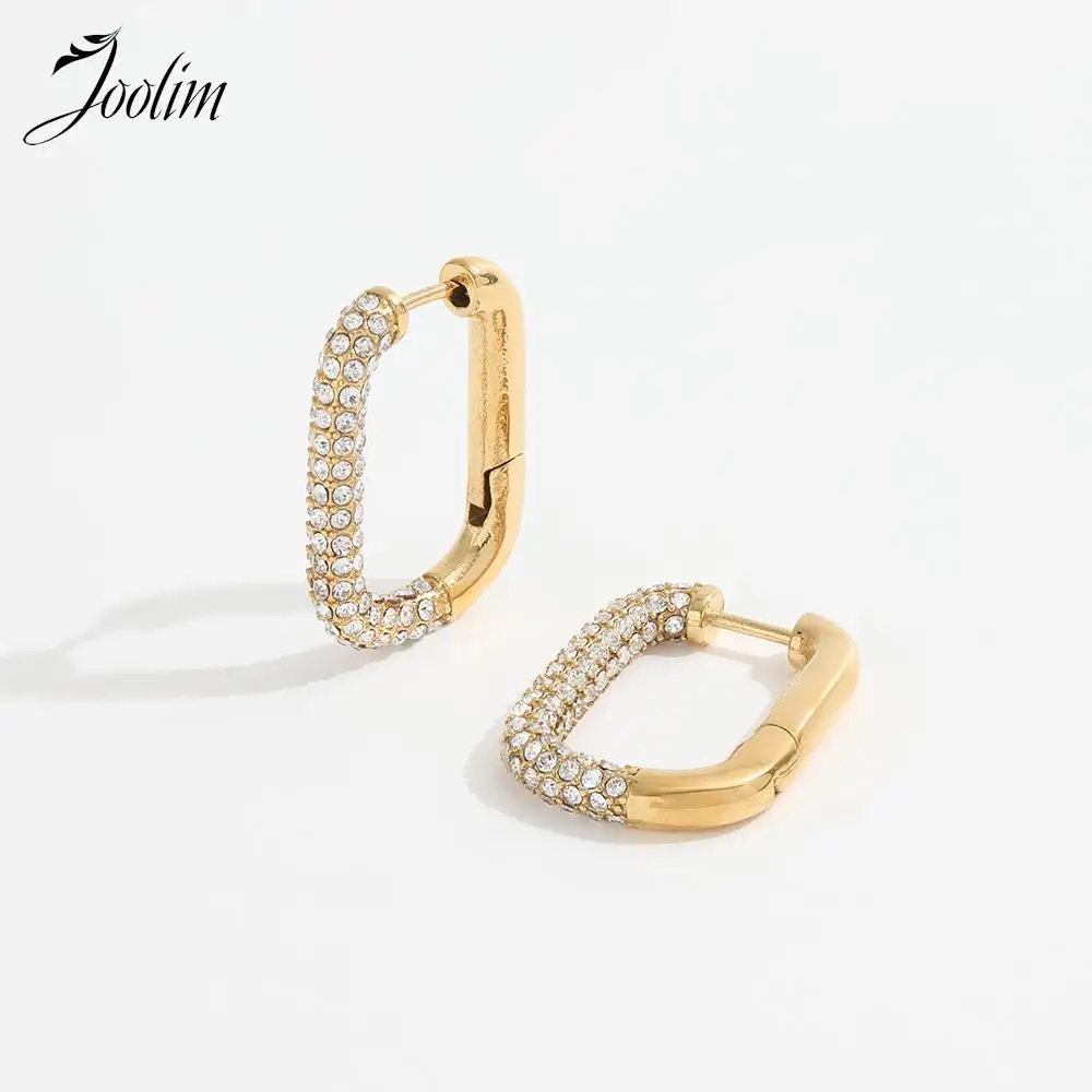 

Joolim Jewelry High Quality PVD Wholesale Waterproof Luxury Oval Zirconia Pave Huggie Stainless Steel Earring for Women