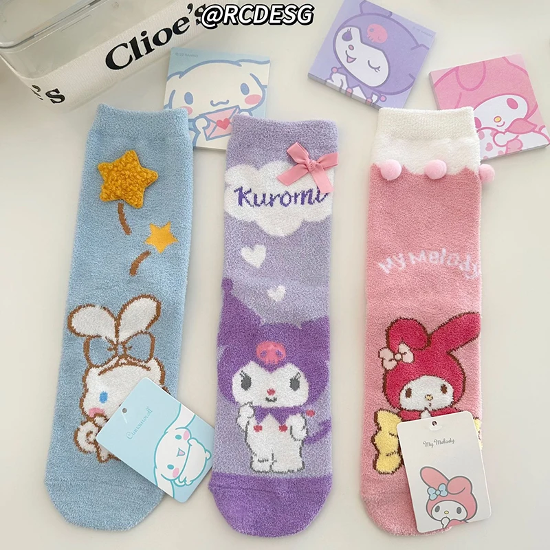 

Anime Sanrio Coral Velvet Socks Kuromi Accessories Cute Kawaii Warm Sleeping Floor Socks Thickening Home Toys for Girls Gift